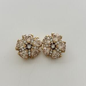 Vintage Ciner Earrings Gold Tone Rhinestone Starburst Flower Clip On